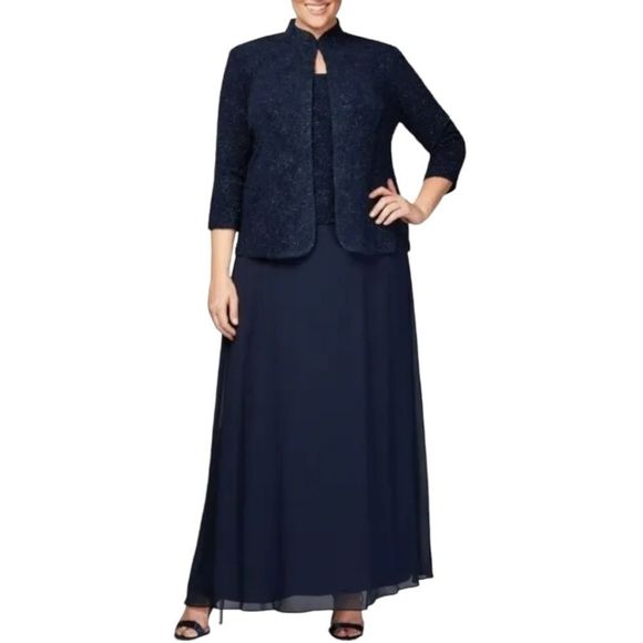 🔥🔥🔥 Alex Evenings 2 Piece Navy Blue Evening Gown Long Mandarin Jacket - Picture 2 of 9